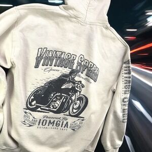 Gildan Heavy Blend Vintage Speed Motorcycle Hoodie Mens M Tan Biker Skull Fleece